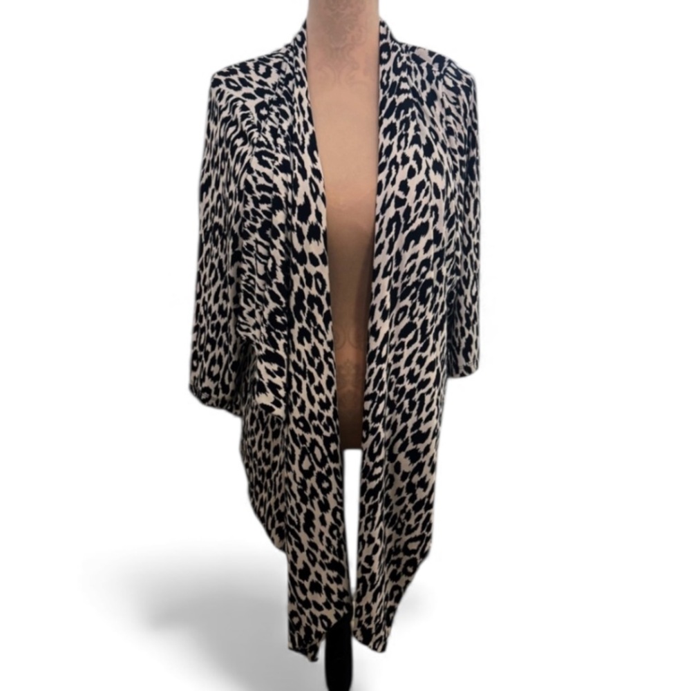 Karen Kane Black and White Leopard Print Long Open Front Duster Cardigan Sz 3X
